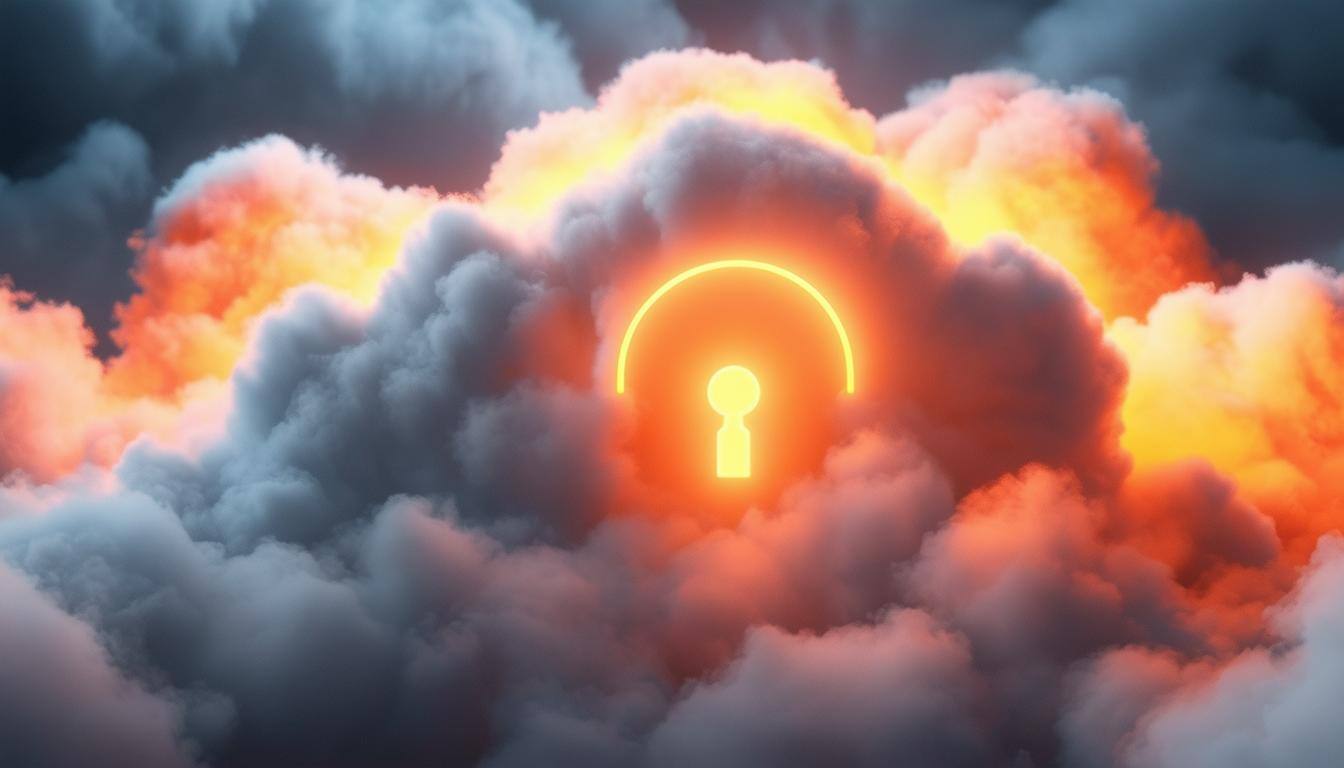 A lock glows through clouds 