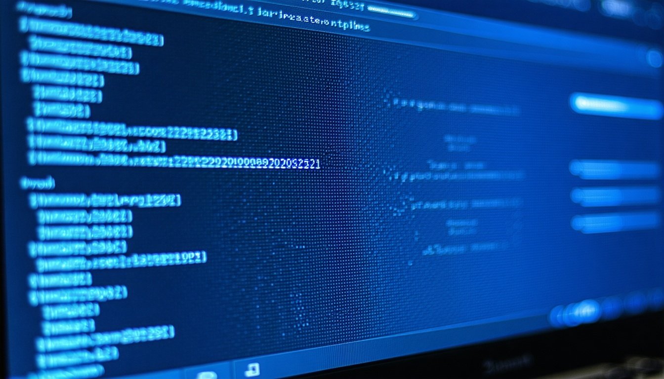 Code shown on a blue computer screen