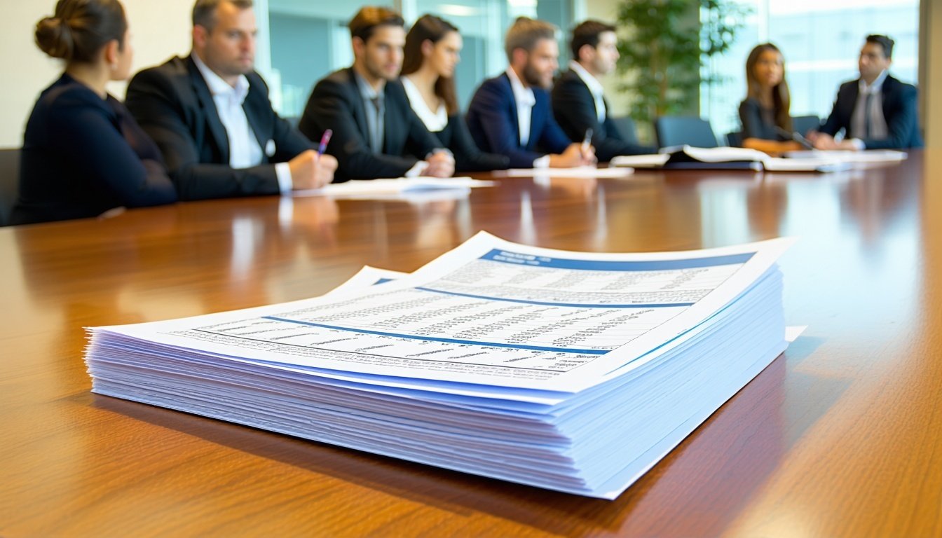 Stack of reports on a conference room table