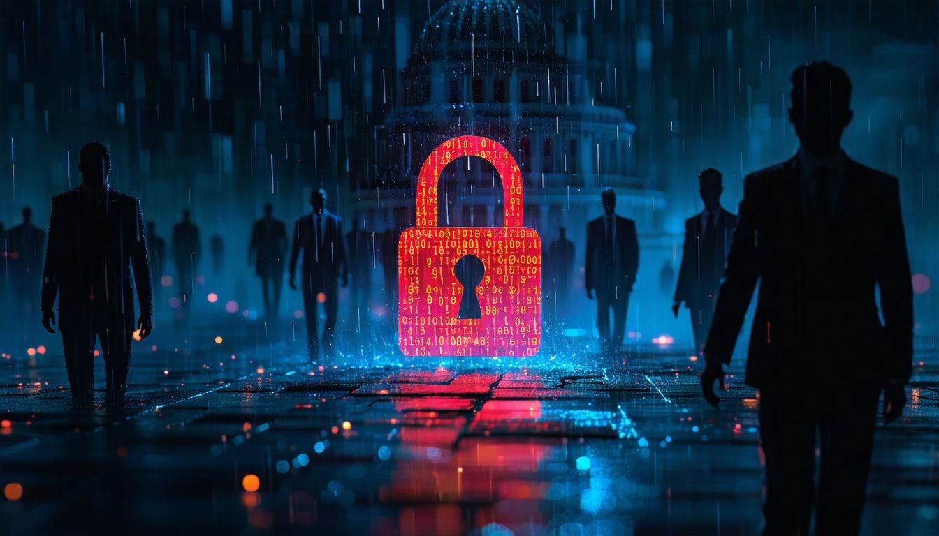 Red lock in rainy city street 