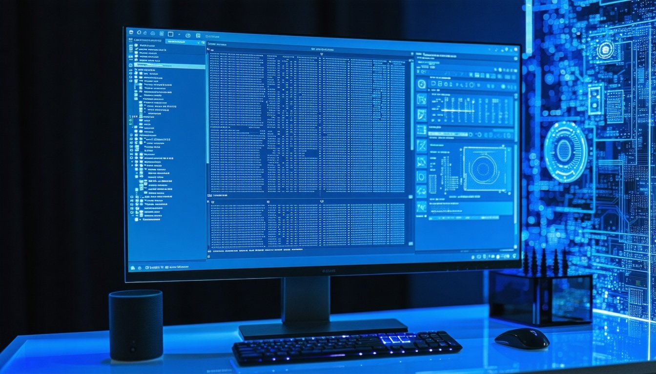 Glowing blue computer monitor