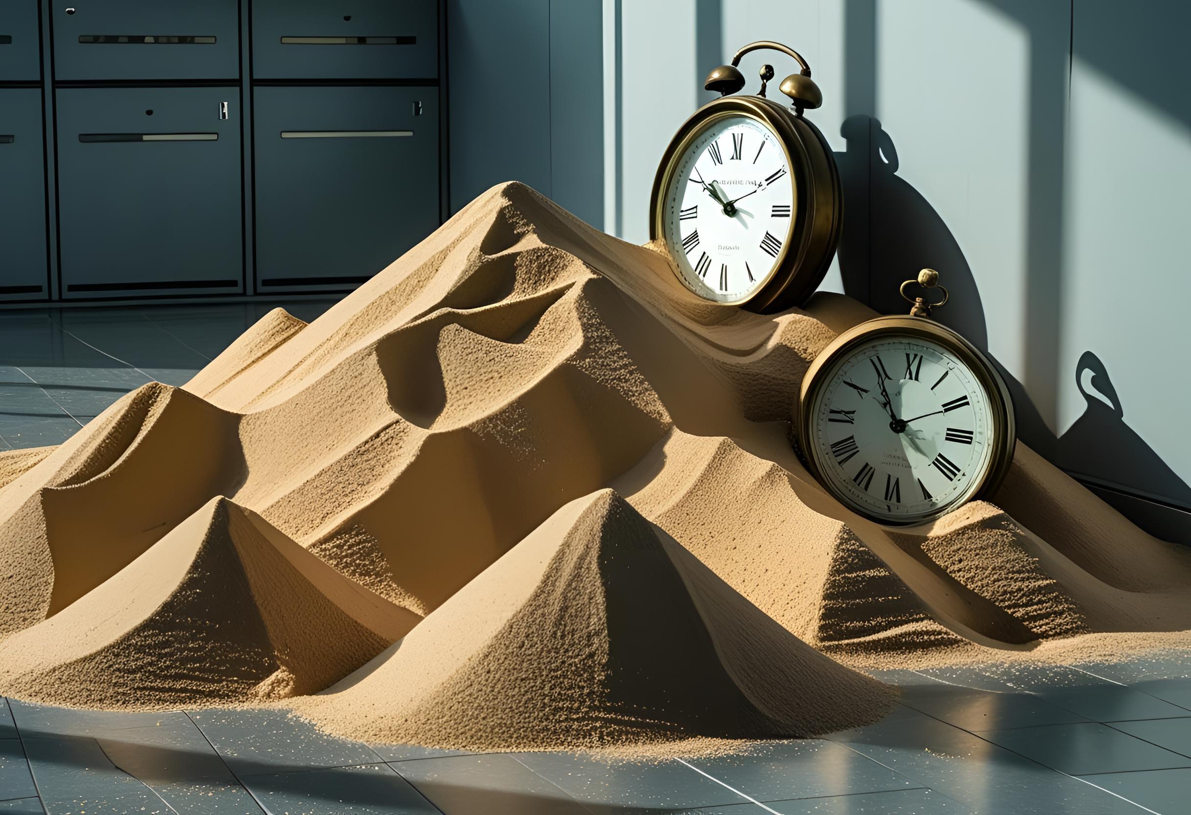 Clocks sit among piles of the sands of time.