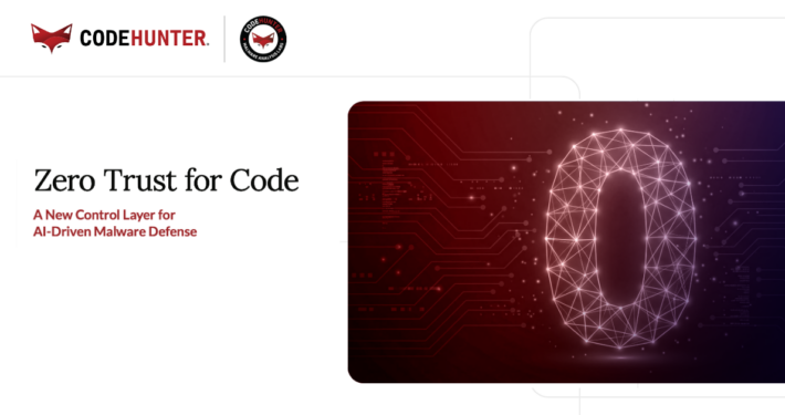 CodeHunter whitepaper cover for Zero Trust for Code: A New Control Layer for AI-Driven Malware Defense, featuring the CodeHunter and Malware Analysis Labs logos alongside a glowing geometric polygon network on a deep red circuit-board background
